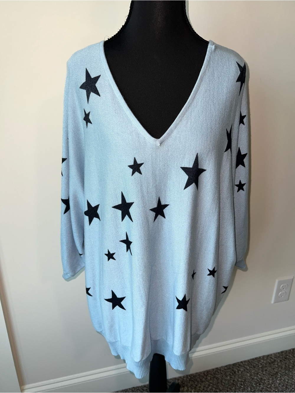 Light Blue Star Print V-Neck Sweater with Dolman Sleeves Americana Summer